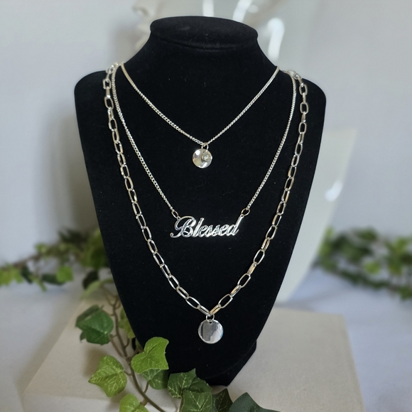 Silver Three Strand Chain Necklace Blessed - Picture 1 of 7
